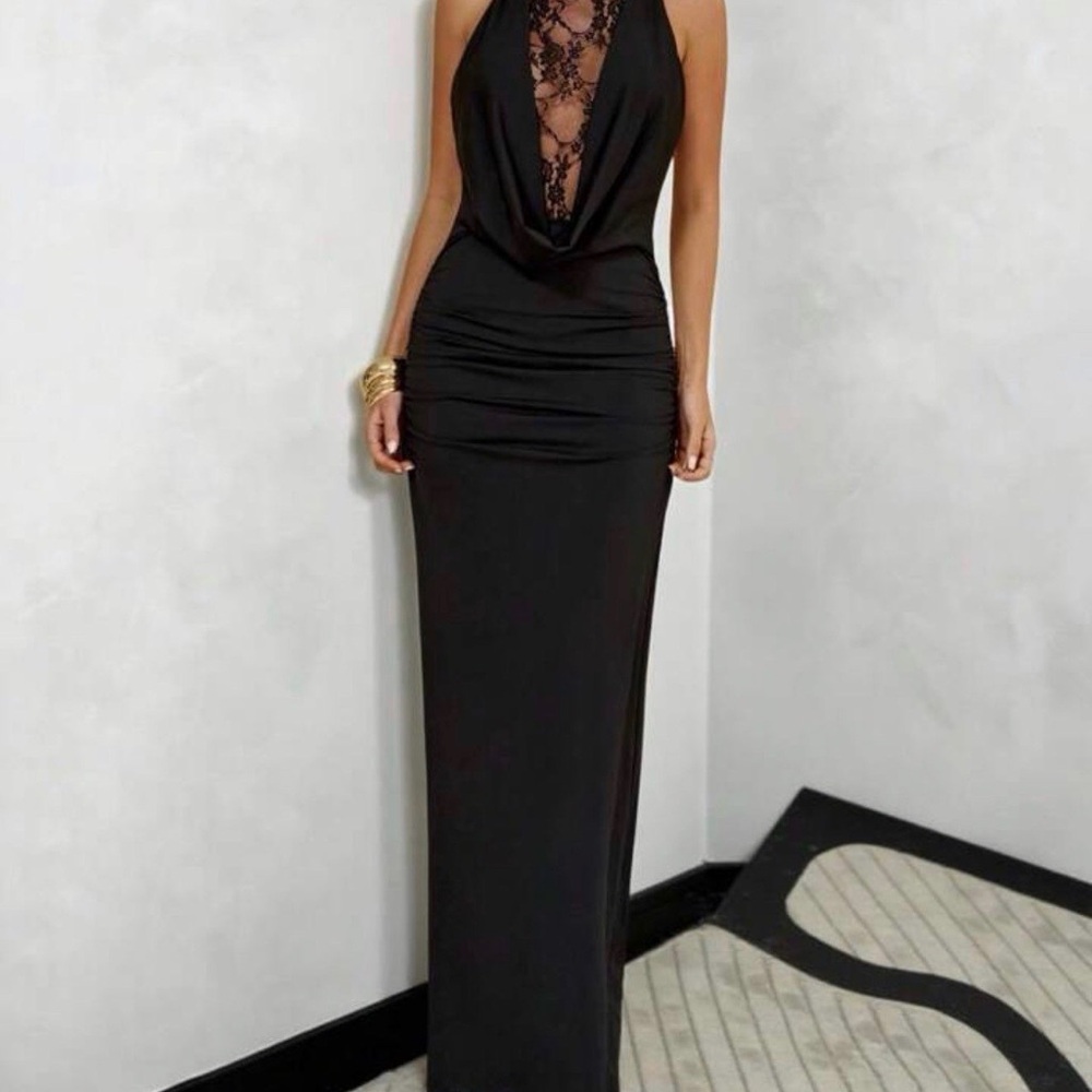 Long Black Lace Bodycon Maxi Dress. High Neck. Small. New w/Tag. SHEIN Bae